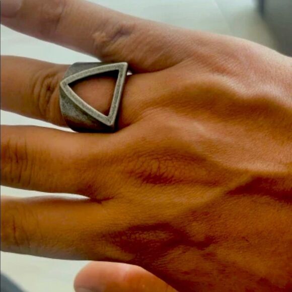 Stainless Steel, Cut Out Triangle Moto Design Silver Black Matte Statement Ring - Picture 4 of 4